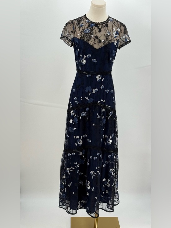 Monique Lhuillier Navy Blue Floral Embroidered Lace Midi Evening Cocktail Dress - Picture 14 of 16
